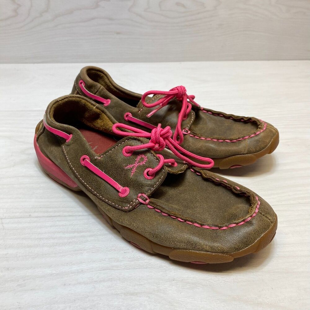 Twisted X Driving Mocs Youth 5M Brown / Pink Lace Up Breast Cancer Awareness